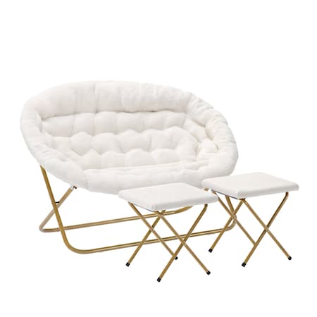 Flash Furniture Eleanor 56-in Folding Double Saucer Chair w/2 Folding Ottomans Ivory Faux Shearling w/Gold Frame FV-FDS-001-2FR-IV-SGD-GG